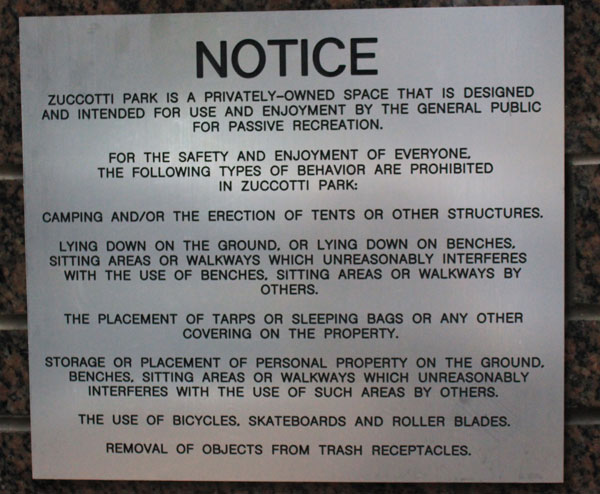 Rules posted at Zuccotti Park