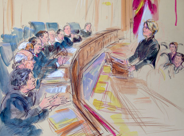 Artist rendering of oral arguments over DOMA at the Supreme Court