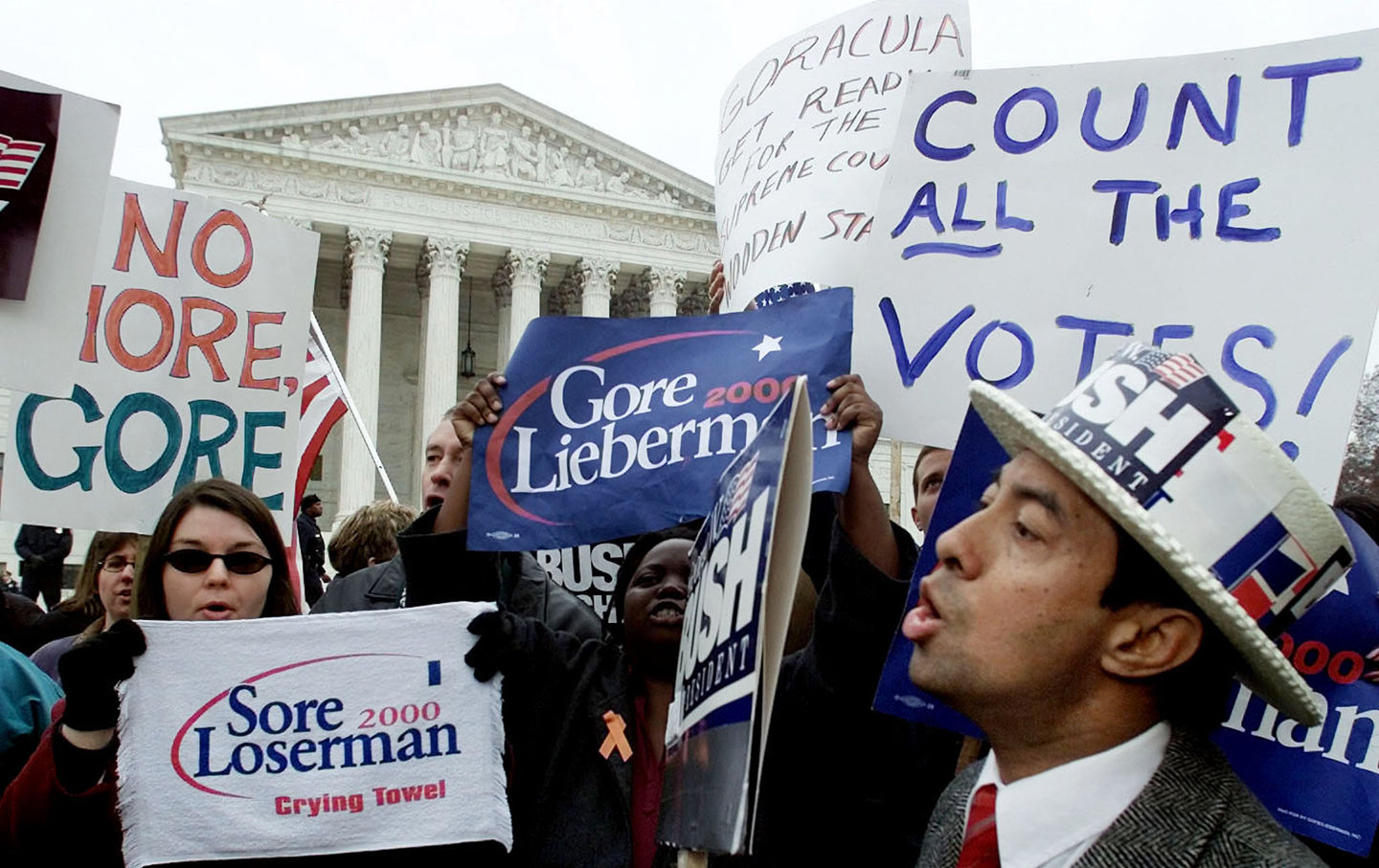 Bush v. Gore: Supporters face off in front of the Supreme Court, December 2000.
