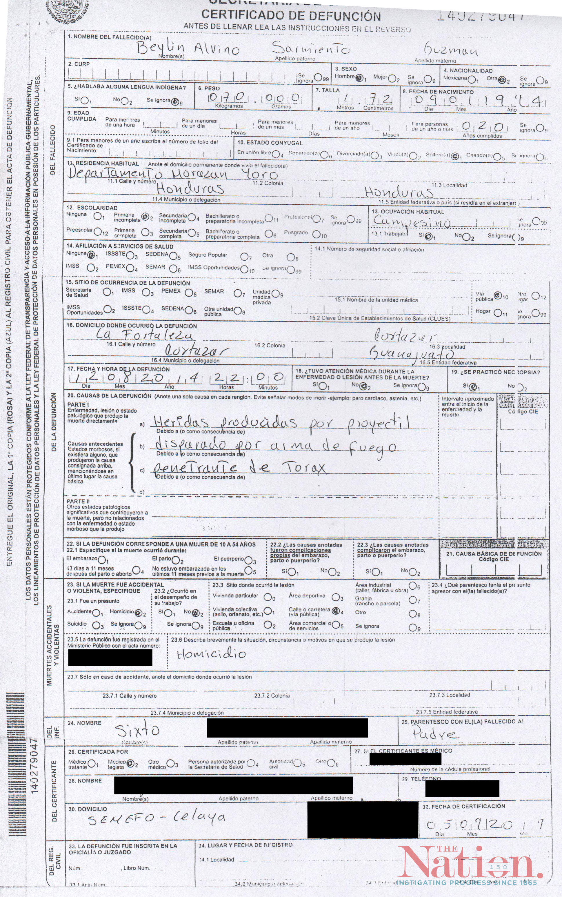 Death certificate for Beylin Sarmiento.