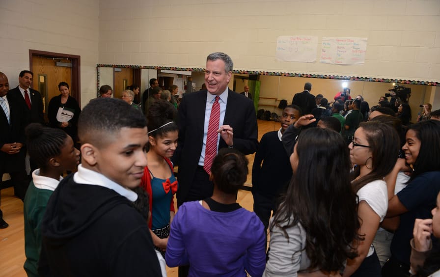 Mayor Bill de Blasio visits a school