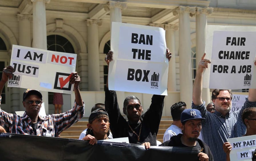 Formerly incarcerated New Yorkers rally with VOCAL to ban the box outside City Hall.