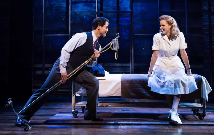 Interned Japanese American Sammy Kimura (Telly Leung) and camp nurse Hannah Campbell (Katie Rose Clarke) perform in Allegiance.