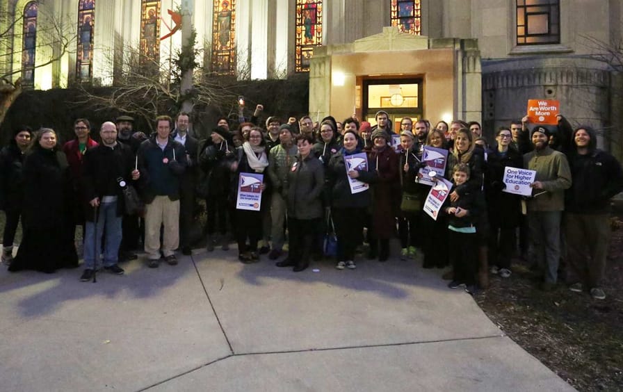 Faculty Forward members at Loyola University Chicago rally for better treatment of adjunct professors.