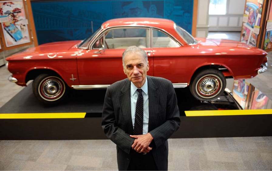 Ralph Nader in front of a Chevy Corvair at the American Museum of Tort Law in Winsted, Connecticut, September 2015.