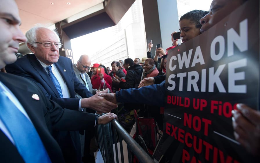 Sanders with CWA workers in Brooklyn