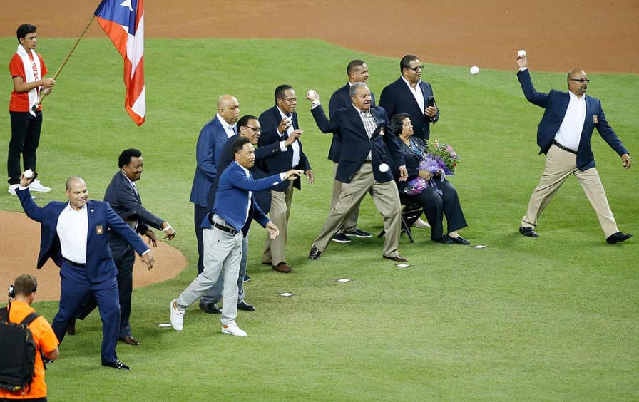 Baseball Hall of Fame players before the MLB baseball All-Star Game in Miami on Tuesday, July 11, 2017.