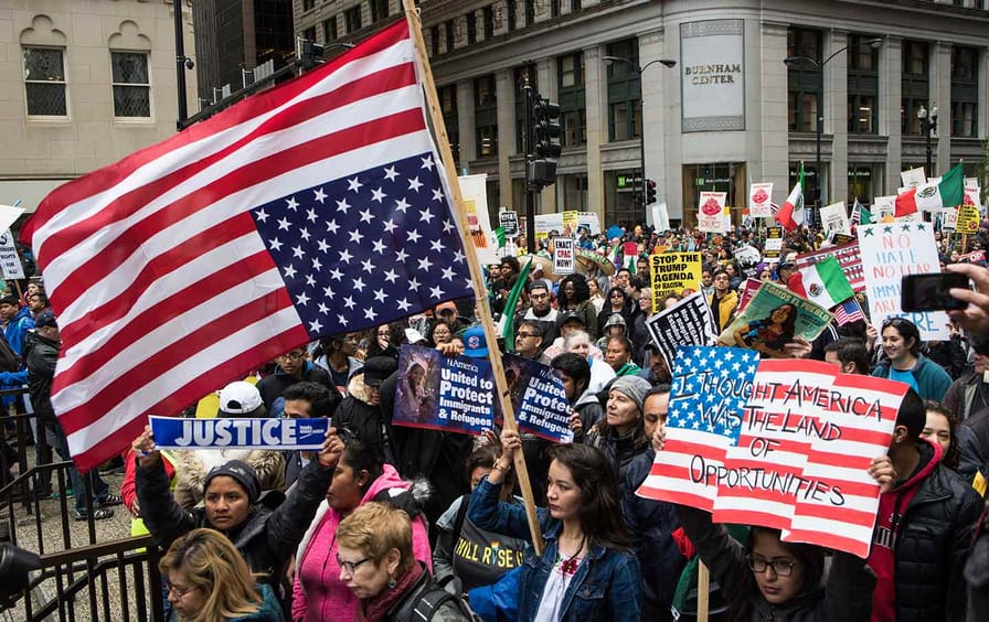 Protesters demonstrate during a May Day march in Chicago