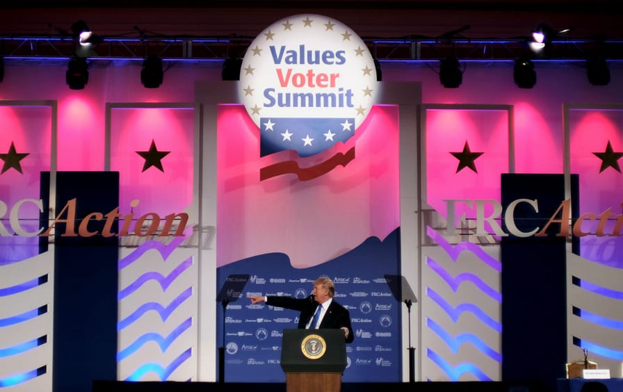 U.S. President Donald Trump addresses the Values Voter Summit