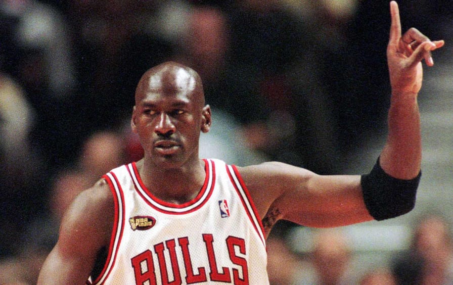 Michael Jordan during the first quarter of Game 5 of the NBA finals in Chicago, June 12, 1998.