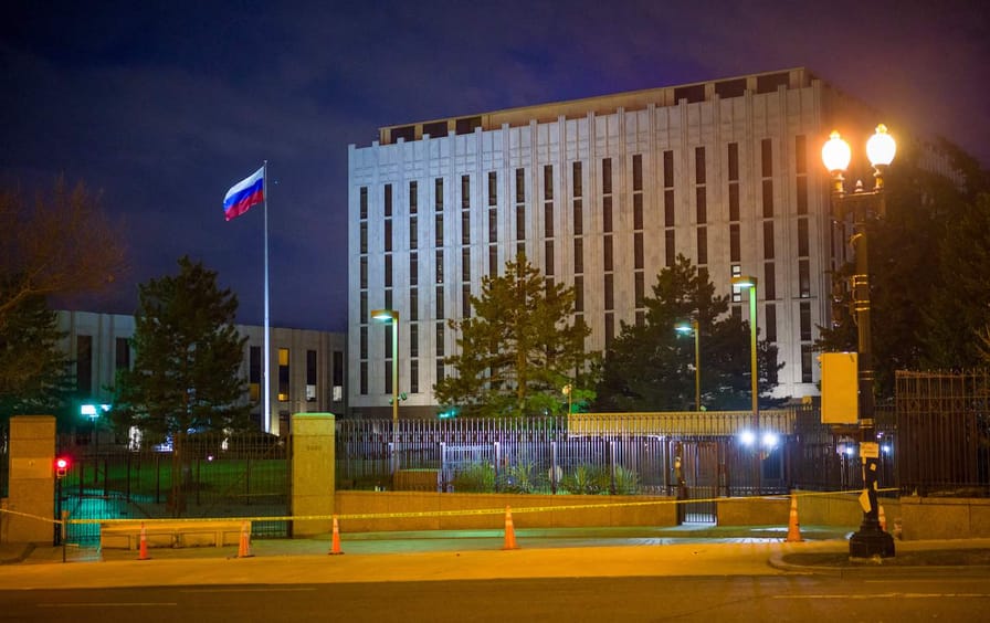 The Russian flag flies at the Embassy in Washington, DC