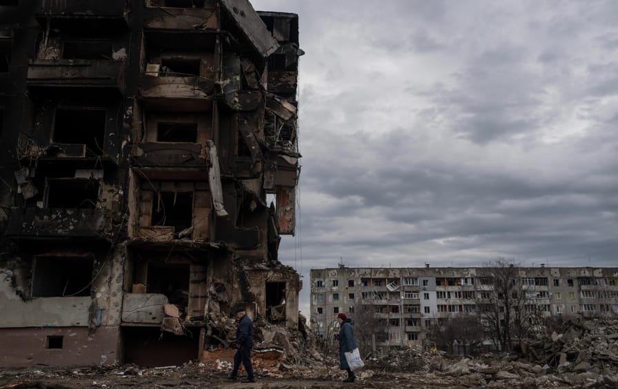 Destroyed apartment buildings in Ukraine