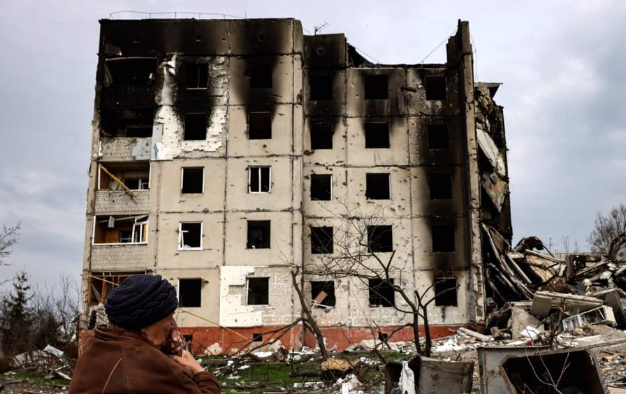 collapsed building in the town of Borodianka.