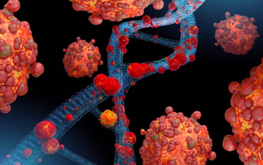 A 3D generated image of a DNA spiral being attacked by the monkeypox virus.