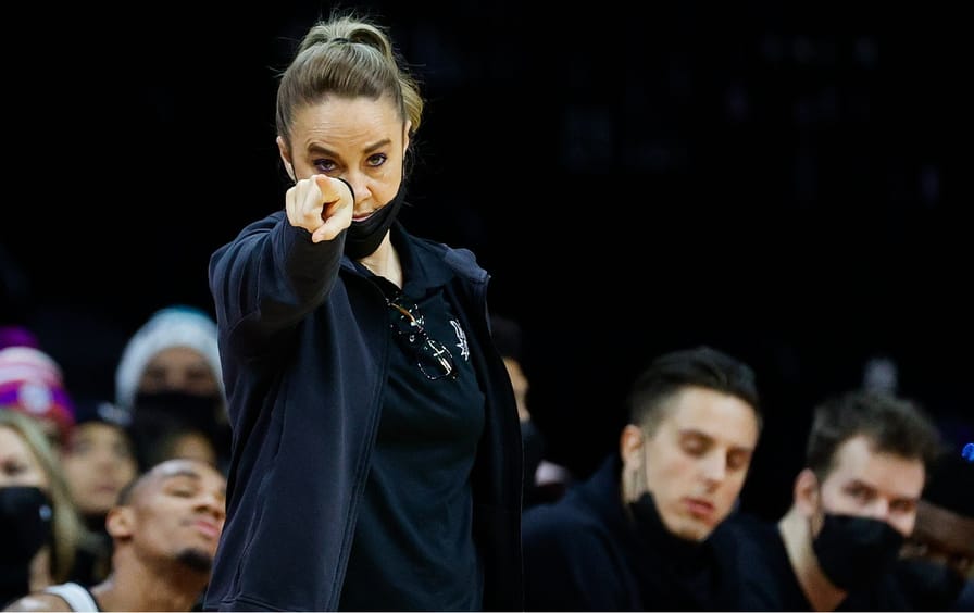 Becky Hammon assistant coach for the San Antonio Spurs against the Philadelphia 76ers at Wells Fargo Center on January 7, 2022.