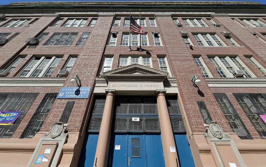 View of the entrance to Julia Richman Education Complex High School on Manhattan's Upper East Side in New York, N.Y.