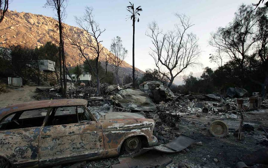 A mobile home park in ruins after the 2007 Harris Fire in California.
