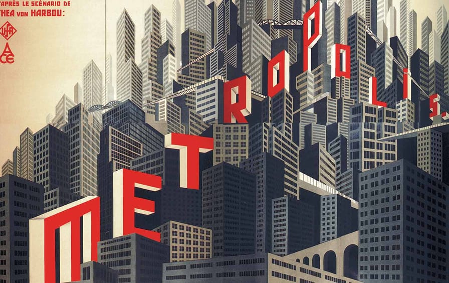Movie poster with the word Metropolis is red letters