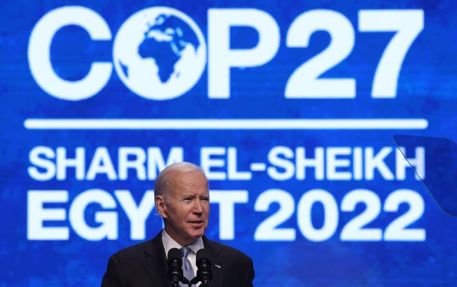 U.S. President Joe Biden speaks at the UNFCCC COP27 climate conference on November 11, 2022 in Sharm El Sheikh, Egypt.
