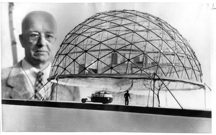 Buckminster Fuller in vintage photo outside New City Hall