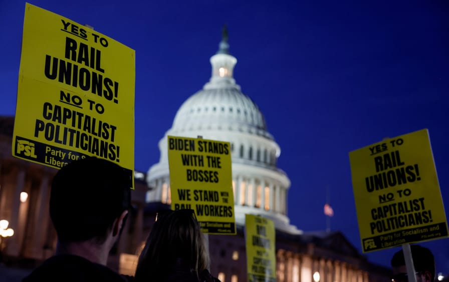 Activists in support of unionized rail workers protest outside the U.S. Capitol Building on November 29, 2022.