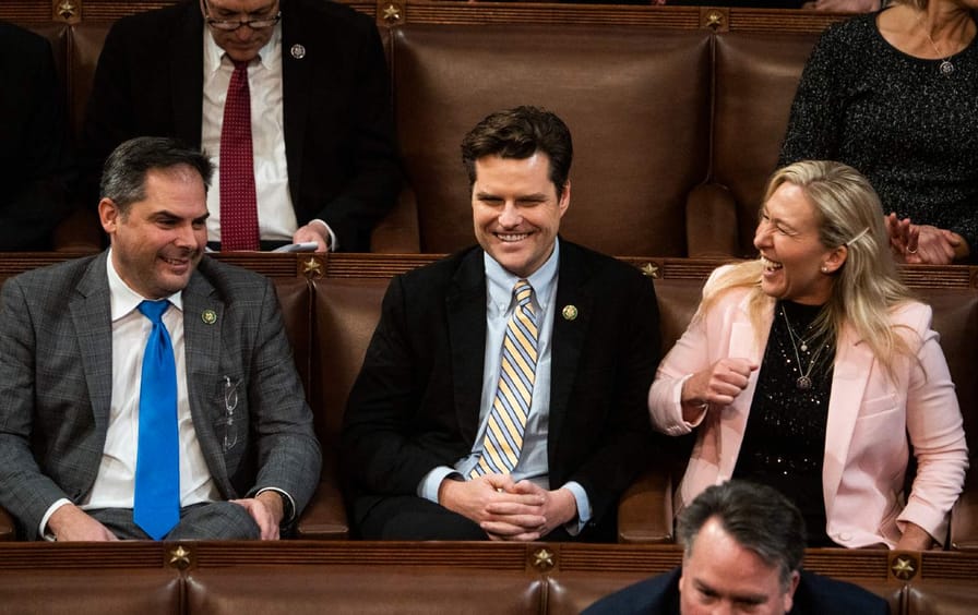 Matt Gaetz laughing while nominating Donald Trump for Speaker