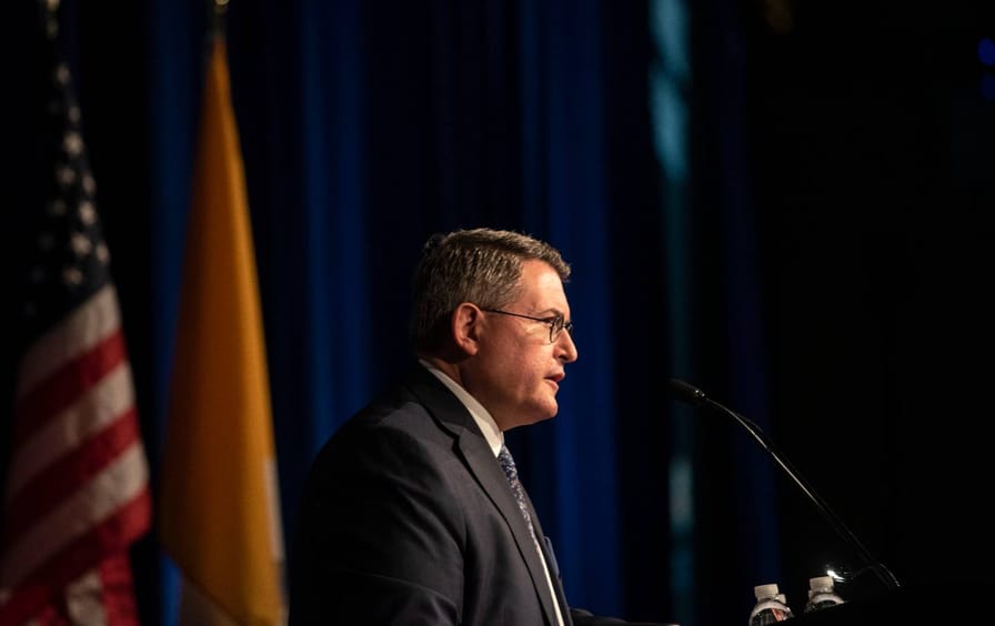 Leonard Leo speaks at the National Catholic Prayer Breakfast in Washington DC on April 23, 2019. Leo is an Executive Vice President with the Federalist Society and a confidant of President Trump.