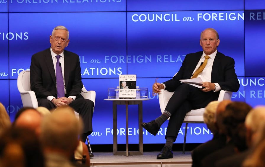 Former Defense Secretary General James Mattis speaks with Richard Haass (right), president of The Council on Foreign Relations, in 2019.