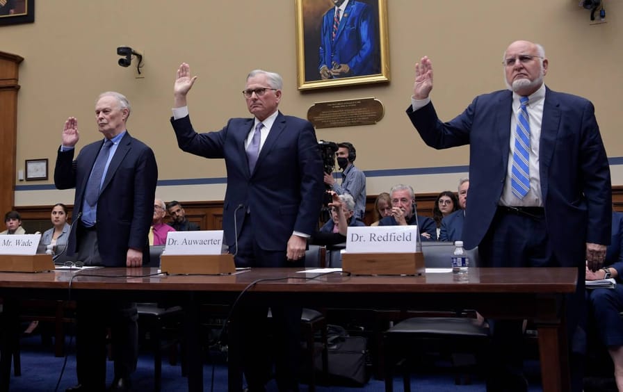 Former “Science and Health” editor Nicholas Wade, Infectious Disease Specialist Dr. Paul G. Auwaerter, and former US Center for Disease Control and Prevention Dr. Robert Redfield swear before House Select Subcommittee on the Coronavirus Pandemic about Investigating the Origins of Covid 19.