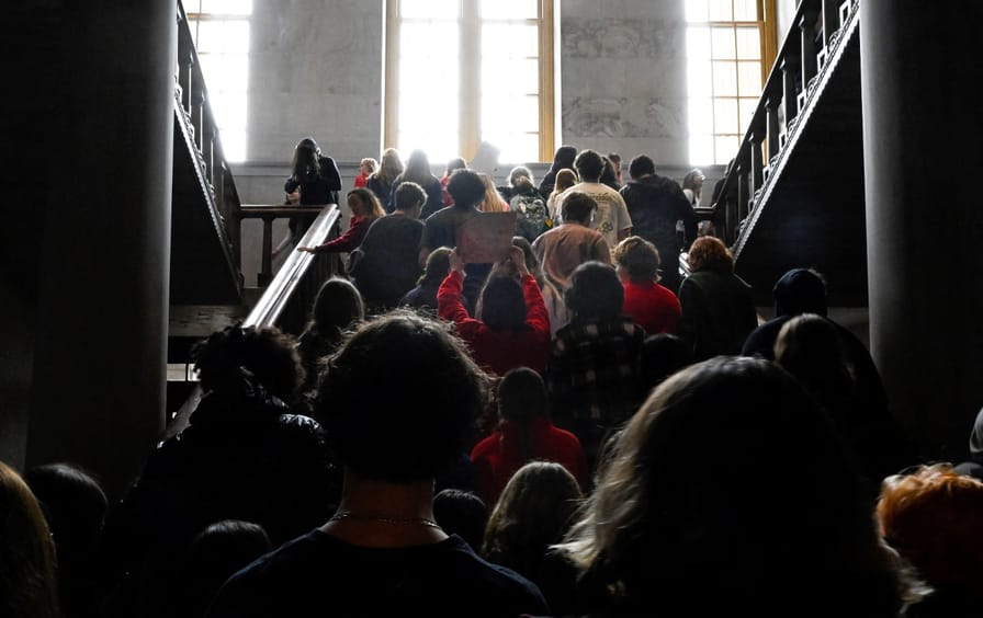 Students protesting gun violence make their way through the state capitol in Nashville on April 3, 2023