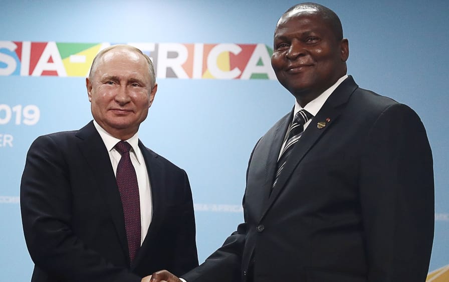 Russian President Vladimir Putin, left, and President of the Central African Republic Faustin Archange Touadera