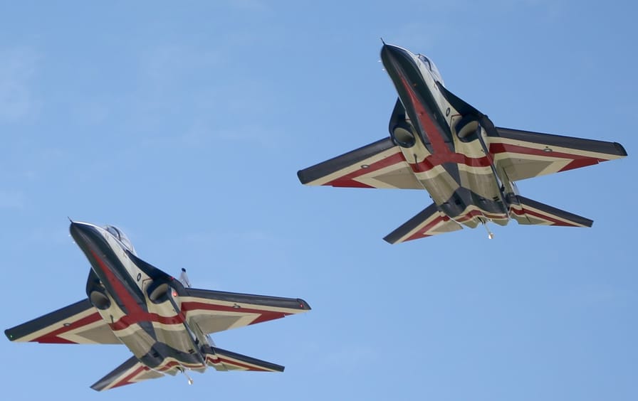 Taiwan Air Force Brave Eagle advanced jet trainers fly during a demonstration over in Taitung County, Taiwan, on Wednesday, July 6, 2022.