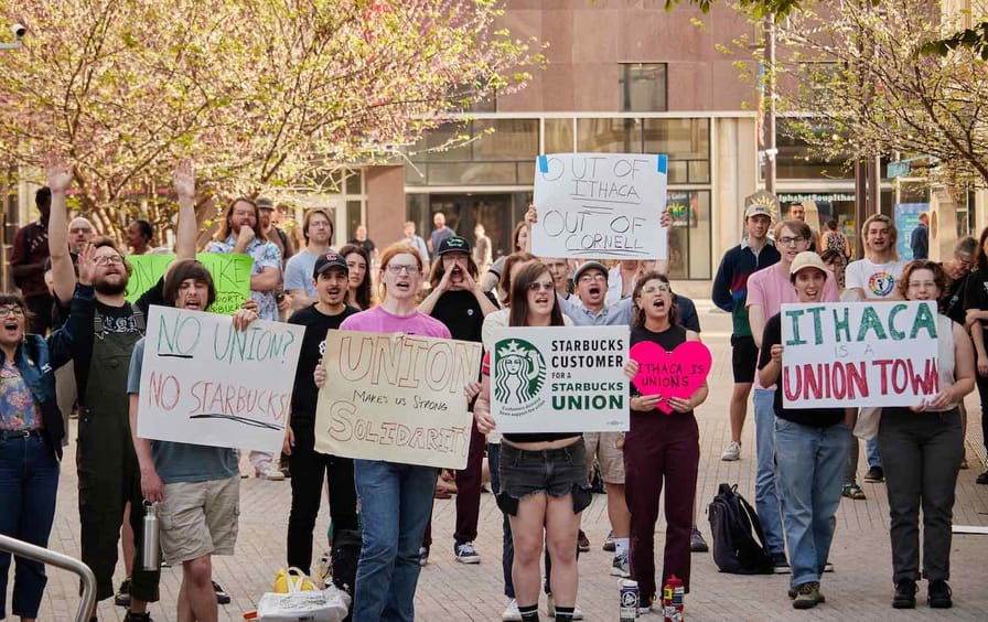Demonstrators at a solidarity rally for Starbucks workers in downtown Ithaca, N.Y., on May 12.