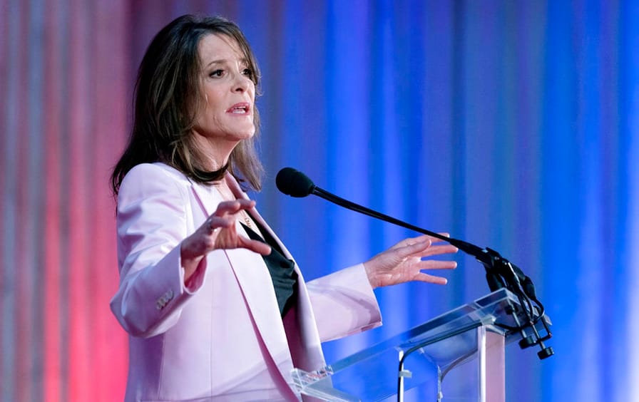 Marianne Williamson speaks to the crowd at the launch of her 2024 presidential campaign