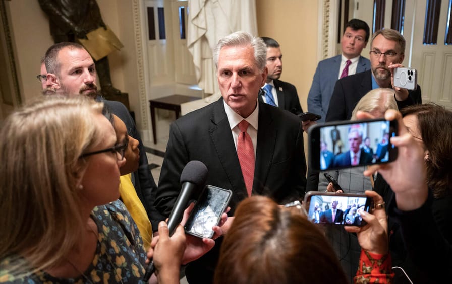 Speaker of the House Representative Kevin McCarthy (R-Calif.) speaks to reporters on his way to the House Chamber at the US Capitol on May 15, 2023, in Washington, D.C.