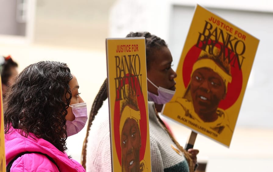 Protesters at a rally for Banko Brown outside of the San Francisco district attorney's office on May 17, 2023.