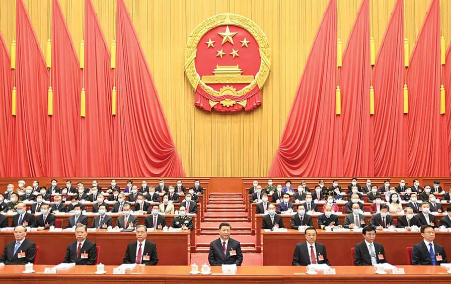 President Xi Jinping (center) and leaders of the Chinese Communist Party attend the opening of the National People’s Congress in 2021