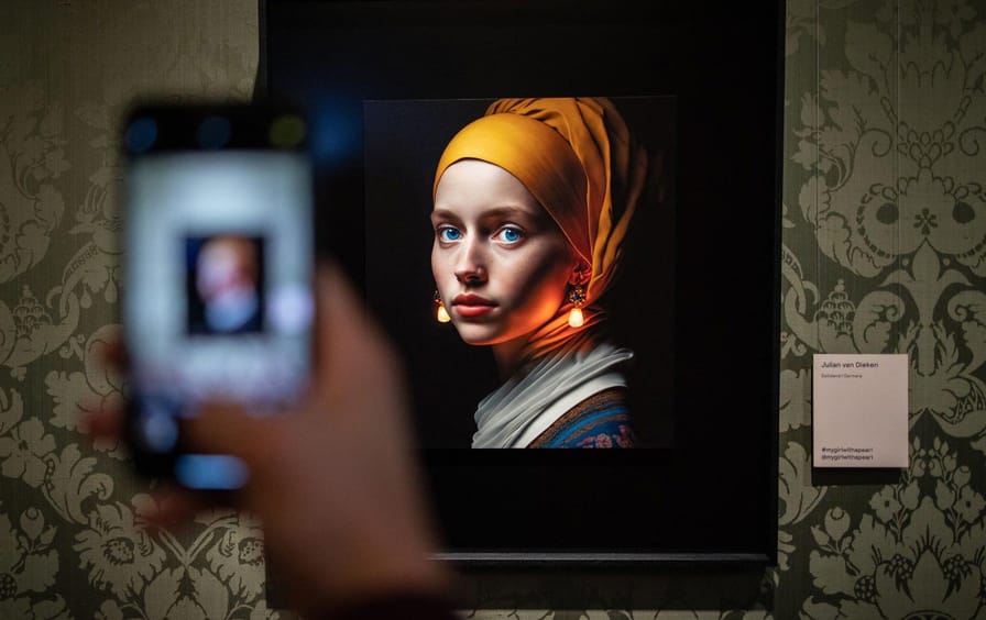 A visitor takes a picture with his mobile phone of an image designed with artificial intelligence inspired by Johannes Vermeer’s painting “Girl With a Pearl Earring.”
