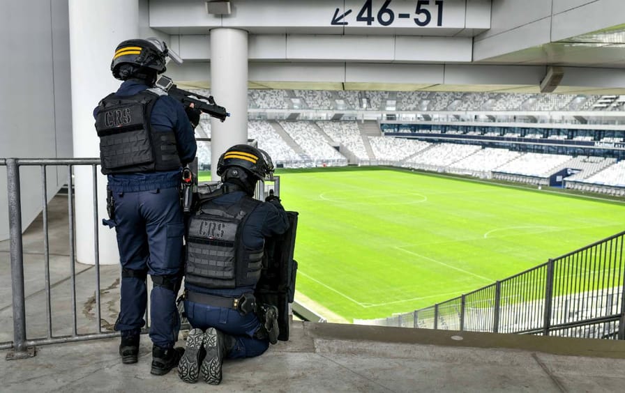Policemen take part in a civil protection exercise at the Matmut Atlantique stadium.