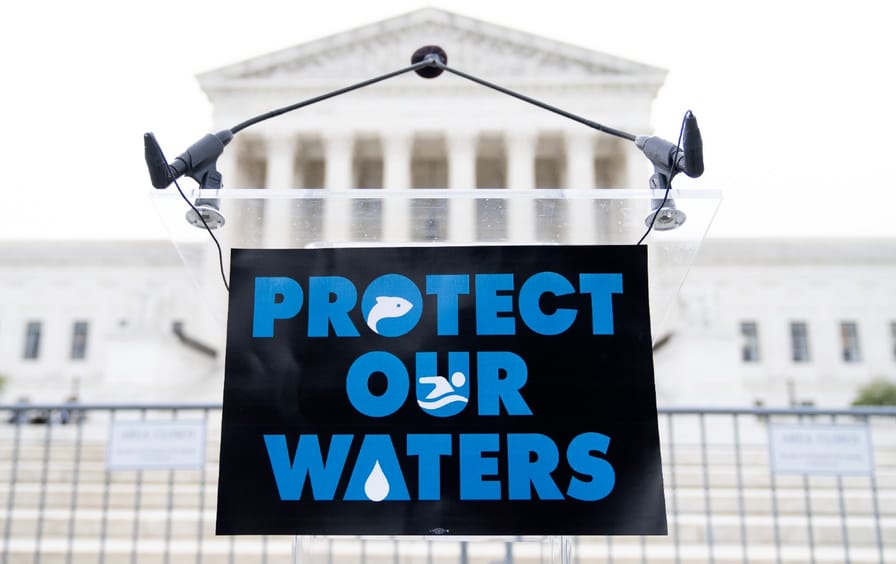 A sign calling for protection of the Clean Water Act hung outside the Supreme Court Building