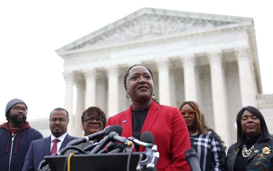 President and Director-Counsel of the NAACP Legal Defense Fund Janai Nelson speaks to members of the press after the oral argument of the Merrill v. Milligan case at the US Supreme Court Building on October 4, 2022, in Washington, D.C.