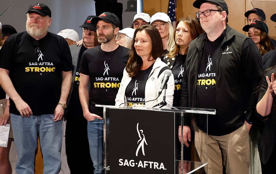 SAG-AFTRA President Fran Drescher announces the union’s strike action at a press conference.