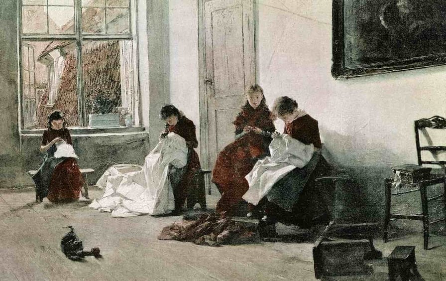 Orphans, Girl sewing in a room in an orphanage, Victorian, German 19th Centur