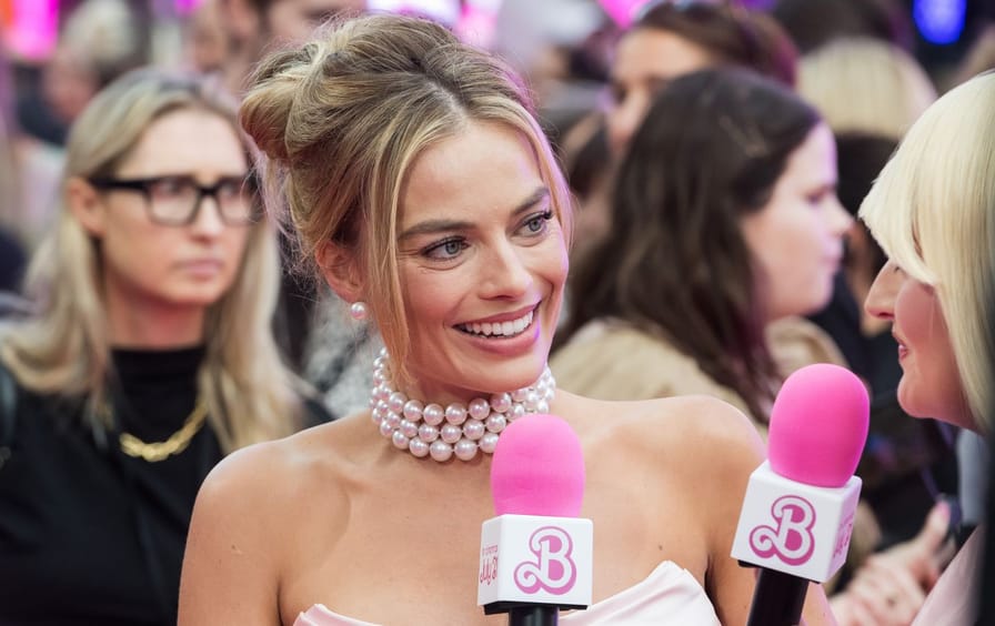Margot Robbie gives an interview as she attends the European premiere of 'Barbie' at the Cineworld Leicester Square in London, United Kingdom on July 12, 2023.