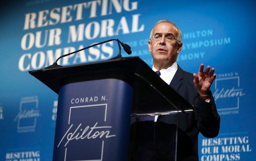 David Brooks delivers remarks at the 2018 Hilton Humanitarian Symposium and Prize Ceremony at the Beverly Hilton in Beverly Hills, California, on Friday, Octover 19, 2018.