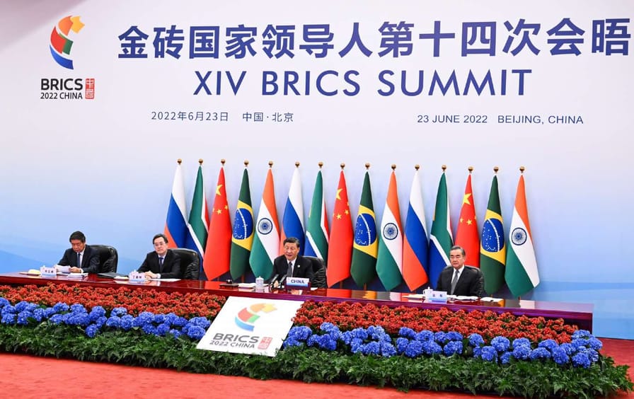 Brazil, Russia, India, China, South Africa (BRICS) flags on display for 2022 virtual summit
