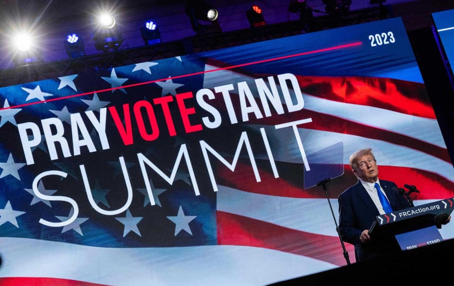 Former president Donald Trump speaks at the Pray Vote Stand summit in Washington, D.C., on September 15, 2023.