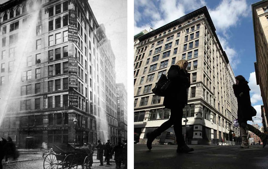 (Left) Firefighters dousing the flames at the Triangle Shirtwaist Company in New York City, on March 25, 1911. (Right) People walk past the Asch building 100 years later, on March 24, 2011.