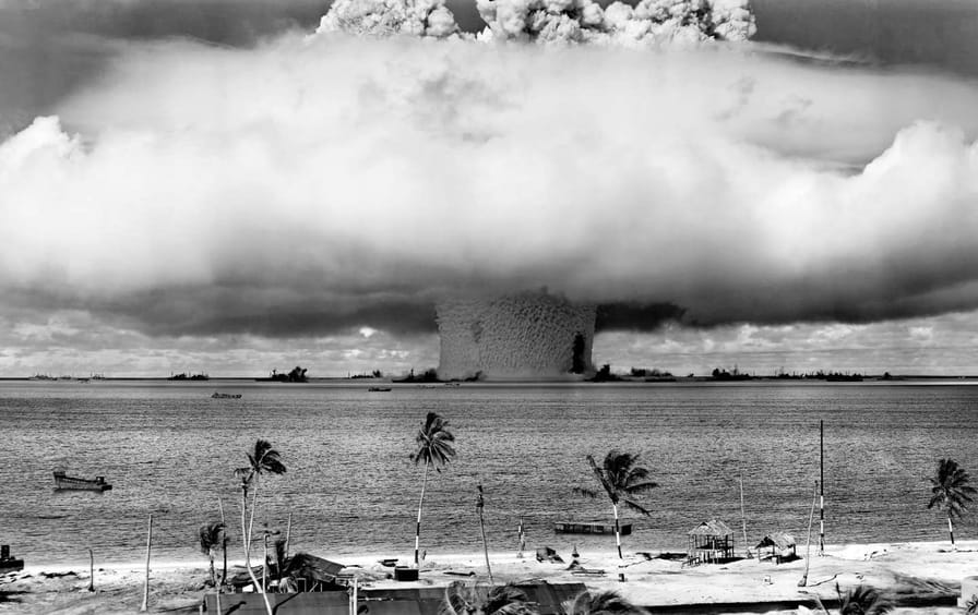 black and white photo of nuclear explosion test USA marshall islands