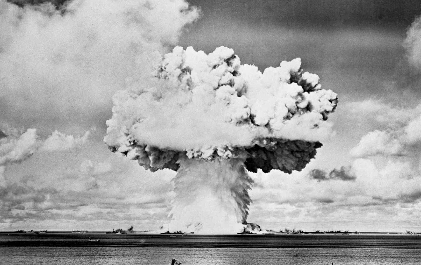 A mushroom cloud in black and white